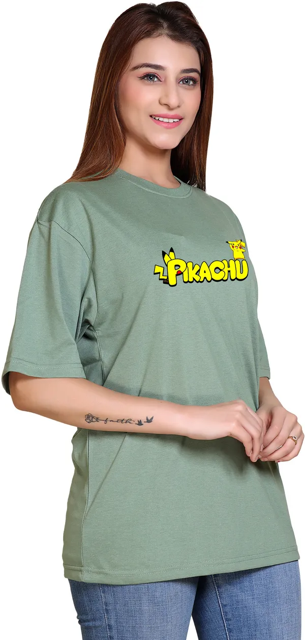 Light_Green_Cotton_Blend_Casual_Oversized_T-Shirt_For_Women