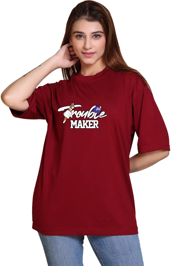 Maroon_Round_Neck_Cotton_Blend_Half_Sleeve_Oversized_T-Shirt_For_Women