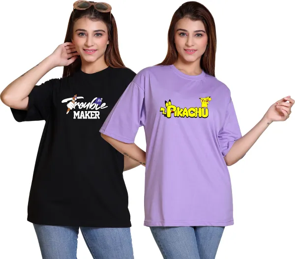 Pack_of_2_Multicolor_Round_Neck_Cotton_Blend_Half_Sleeve_Oversized_T-Shirt_For_Women
