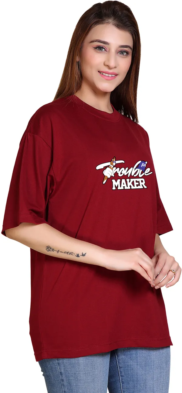 Maroon_Cotton_Blend_Casual_Oversized_T-Shirt_For_Women