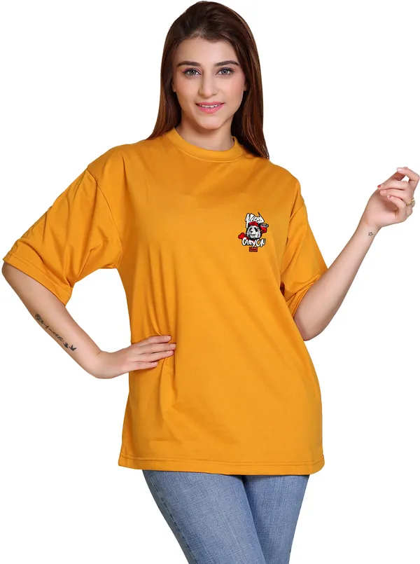 Yellow_Cotton_Blend_Casual_Oversized_T-Shirt_For_Women