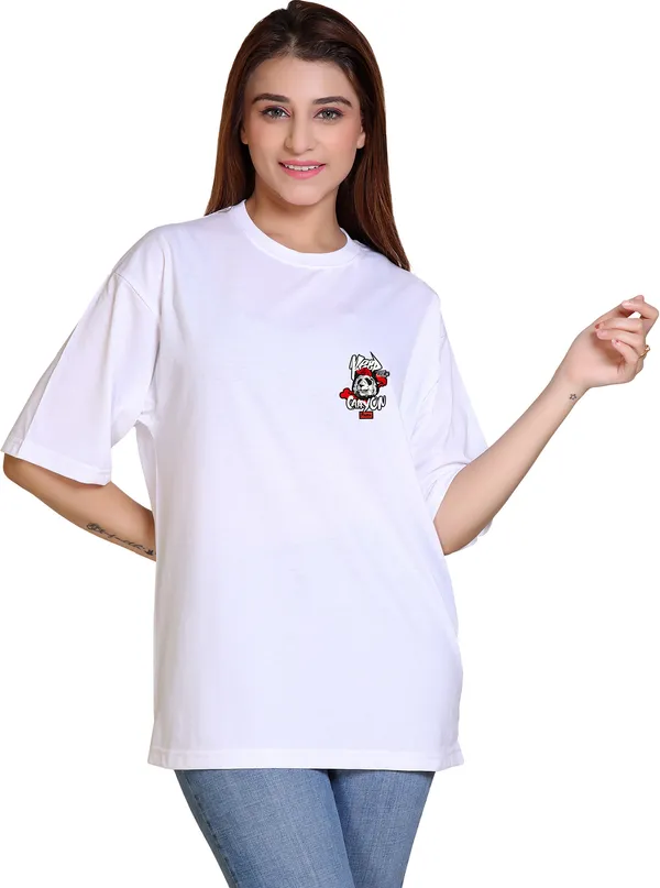 White_Cotton_Blend_Casual_Oversized_T-Shirt_For_Women