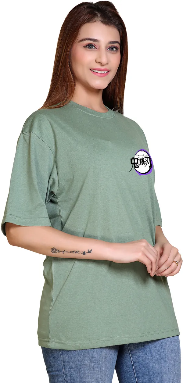 Light_Green_Cotton_Blend_Casual_Oversized_T-Shirt_For_Women