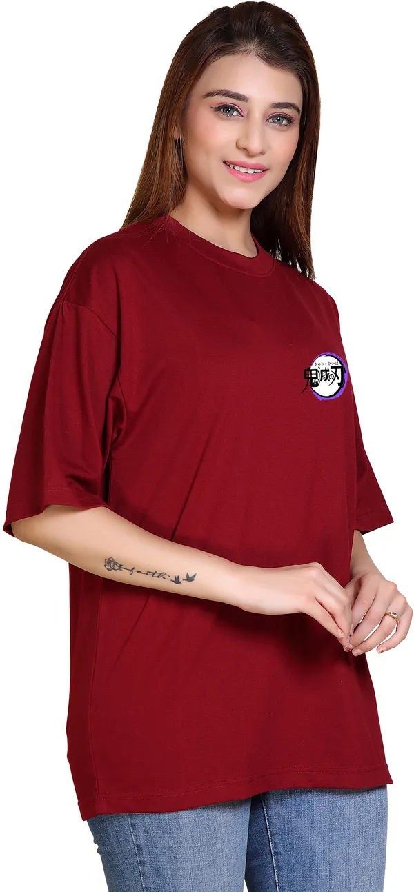 Maroon_Cotton_Blend_Casual_Oversized_T-Shirt_For_Women
