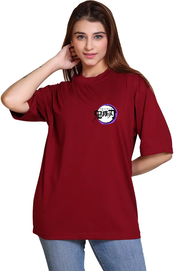 Maroon_Cotton_Blend_Casual_Oversized_T-Shirt_For_Women