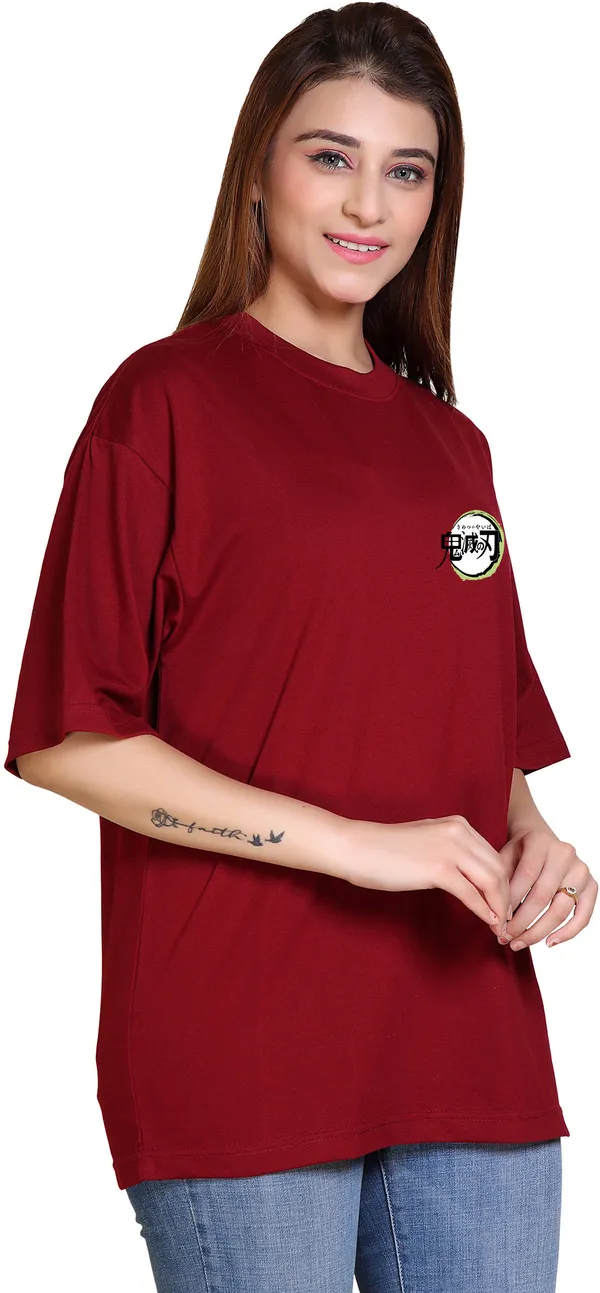 Maroon_Cotton_Blend_Casual_Oversized_T-Shirt_For_Women