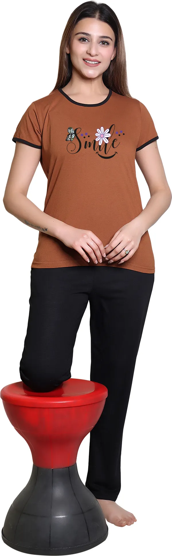 Brown_Cotton_Blend_Printed_Top_&_Pyjama_Set_For_Women
