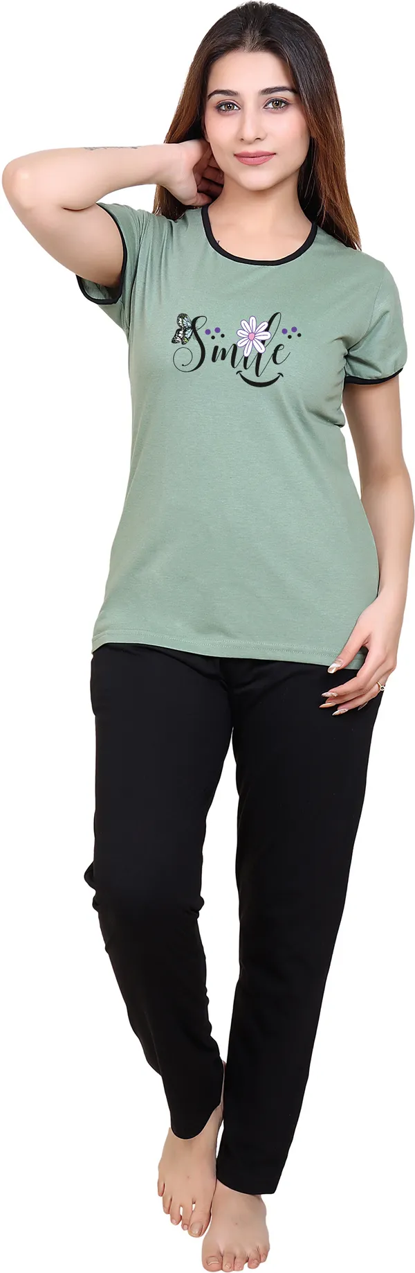 Green_&_Black_Regular_Cotton_Blend_Printed_Top_&_Pyjama_Set_For__Women