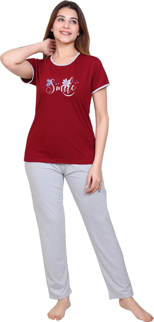 Maroon_&_Grey_Cotton_Blend_Printed_Top_&_Pyjama_Set_For_Women
