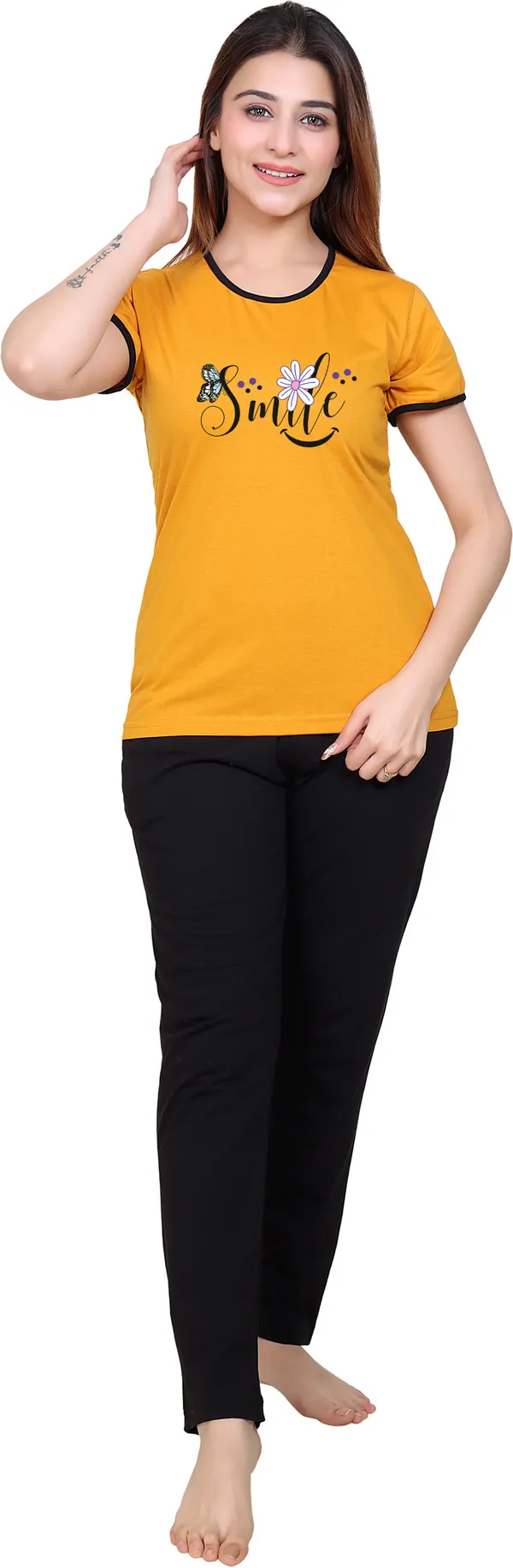 Yellow_&_Black_Cotton_Blend_Printed_Top_&_Pyjama_Set_For_Women