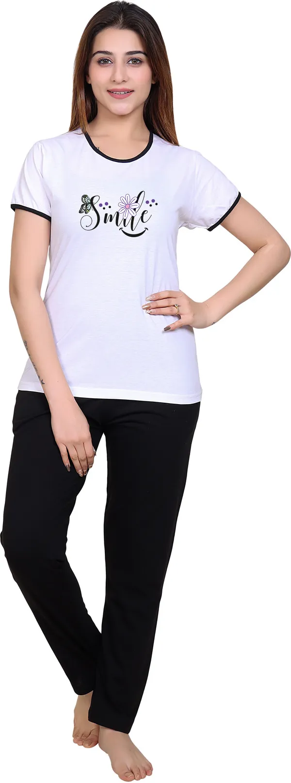 White_Cotton_Blend_Printed_Top_&_Pyjama_Set_For_Women