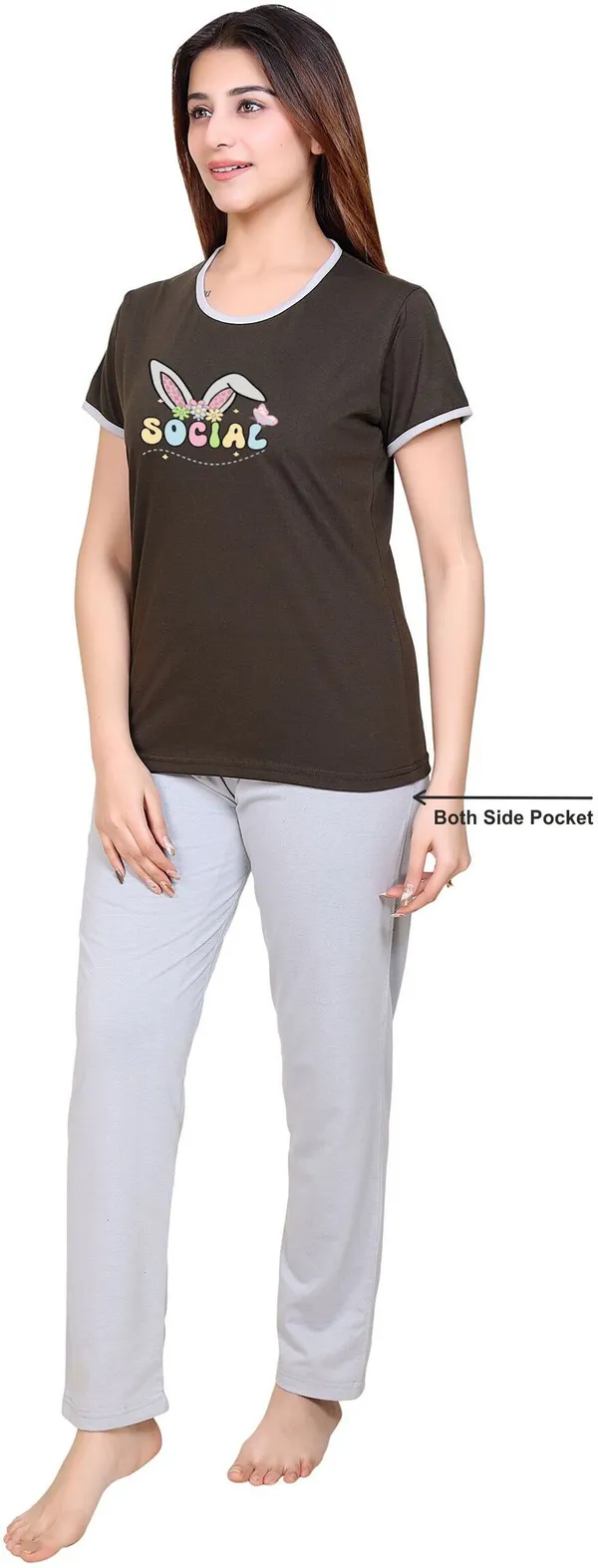 Dark_Green_&_Grey_Cotton_Blend_Printed_Top_&_Pyjama_Set_For_Women