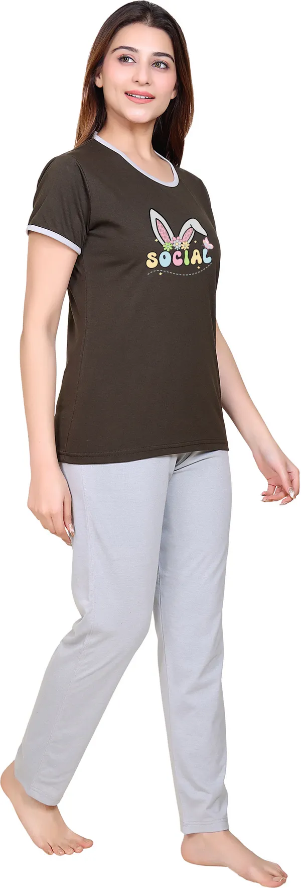 Dark_Green_&_Grey_Cotton_Blend_Printed_Top_&_Pyjama_Set_For_Women