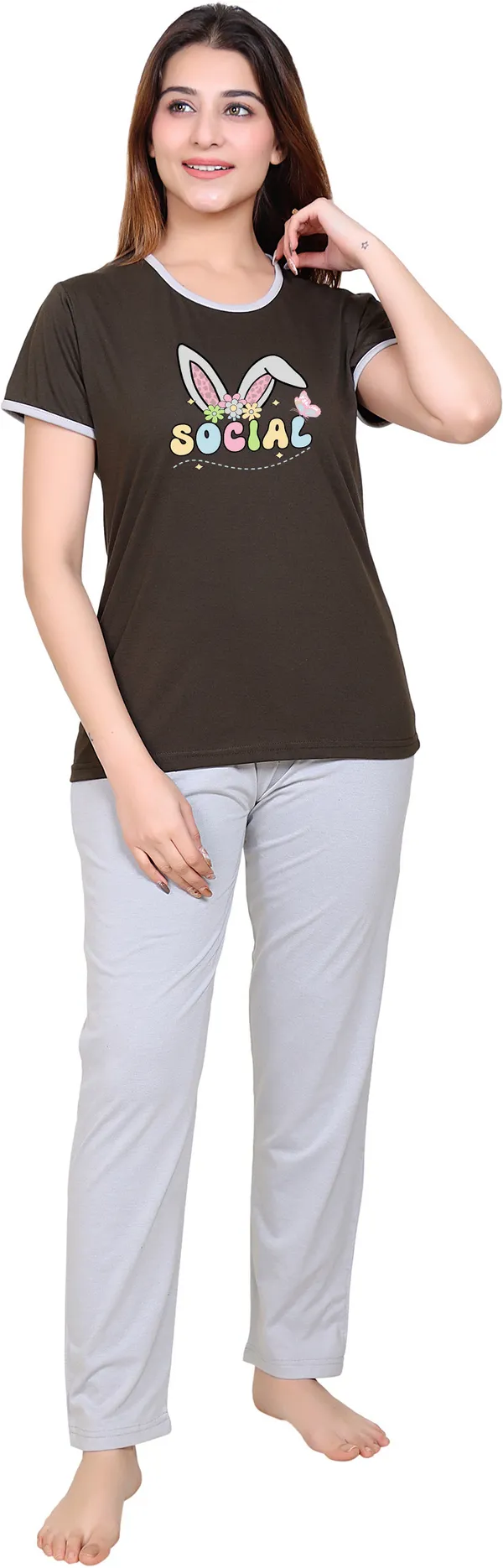 Dark_Green_&_Grey_Cotton_Blend_Printed_Top_&_Pyjama_Set_For_Women