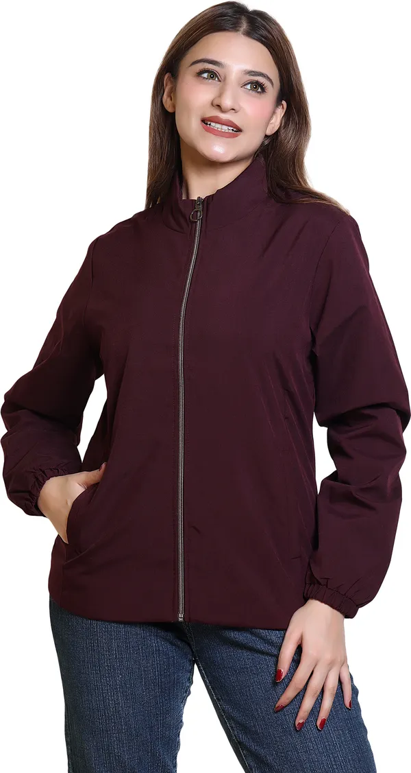 Maroon_Nylon_Zipper_Wind_Cheater_For_Women