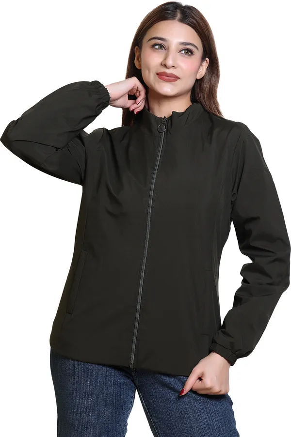 Dark_Green_Nylon_Zipper_Wind_Cheater_For_Women