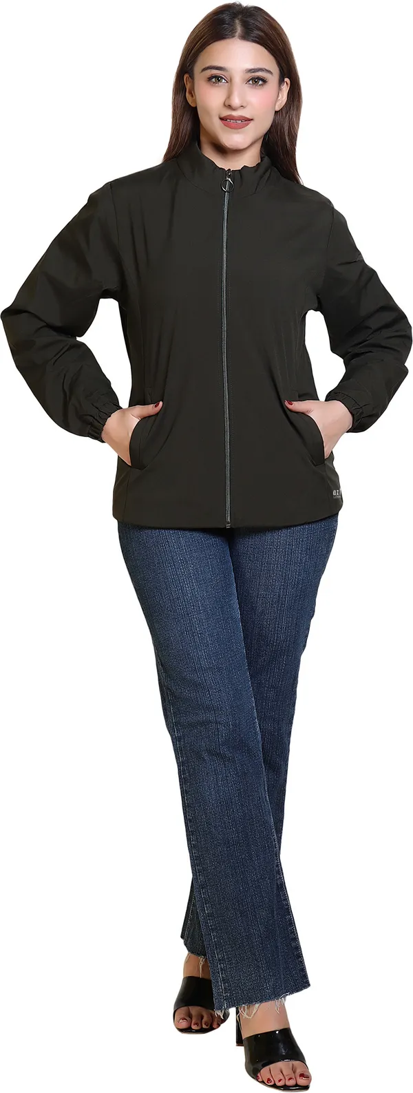 Dark_Green_Nylon_Zipper_Wind_Cheater_For_Women