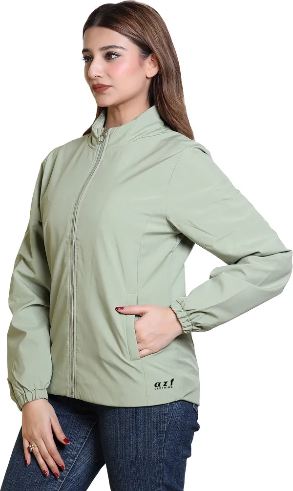 Light_Green_Nylon_Zipper_Wind_Cheater_For_Women