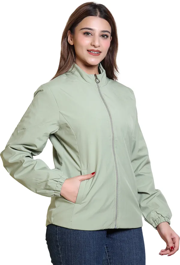Light_Green_Nylon_Zipper_Wind_Cheater_For_Women