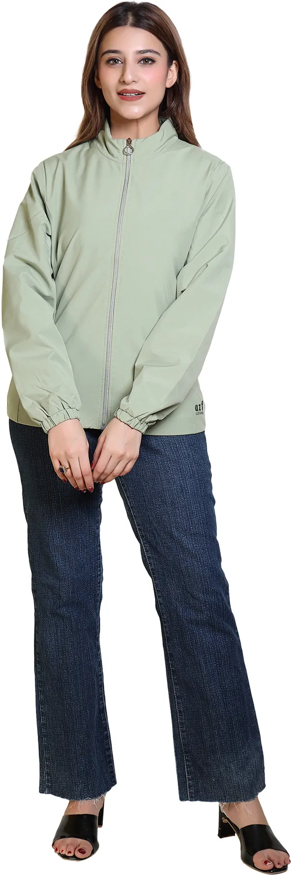 Light_Green_Nylon_Zipper_Wind_Cheater_For_Women