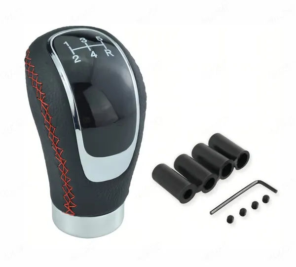5_Speed_Manual_Gear_Shift_Knob,_Red_Stitched_Leather,_Chrome_Finish,_Includes_Installation_Kit