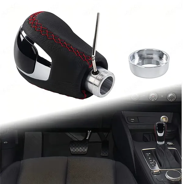 5_Speed_Manual_Gear_Shift_Knob,_Red_Stitched_Leather,_Chrome_Finish,_Includes_Installation_Kit