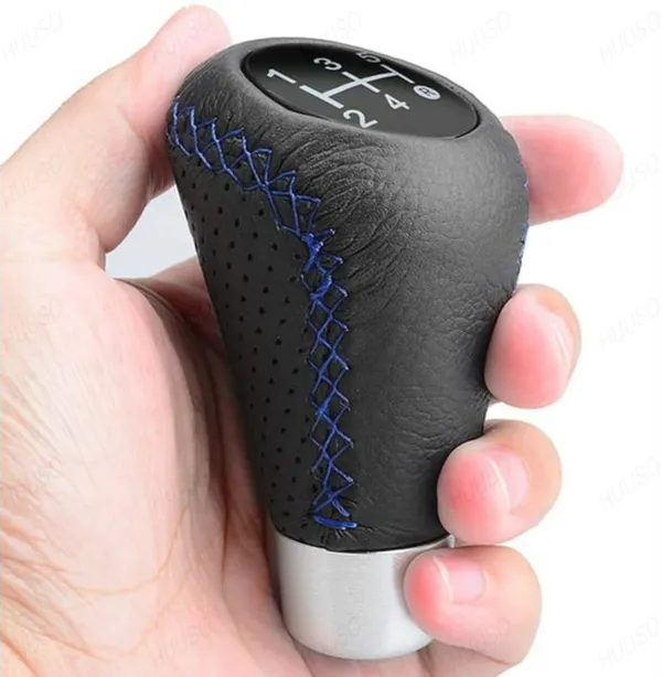 5_Speed_Car_Gear_Shift_Knob_–_Perforated_Leather_Look_with_Blue_Stitch,_Sporty_Design_with_Installation_Kit