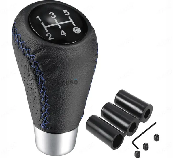 5_Speed_Car_Gear_Shift_Knob_–_Perforated_Leather_Look_with_Blue_Stitch,_Sporty_Design_with_Installation_Kit
