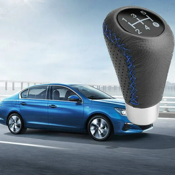 5_Speed_Car_Gear_Shift_Knob_–_Perforated_Leather_Look_with_Blue_Stitch,_Sporty_Design_with_Installation_Kit