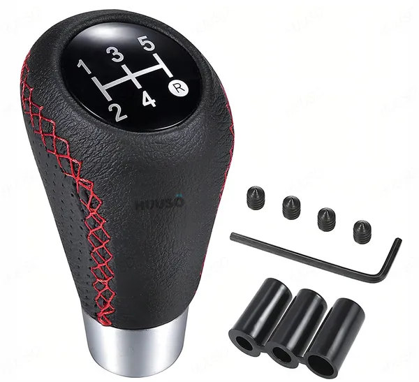 5_Speed_Car_Gear_Shift_Knob_–_Perforated_Leather_Look_with_Red_Stitch,_Sporty_Design_with_Installation_Kit