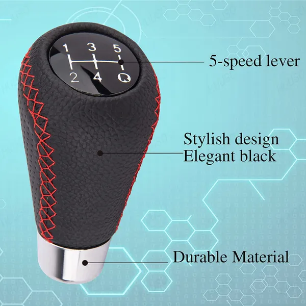 5_Speed_Car_Gear_Shift_Knob_–_Perforated_Leather_Look_with_Red_Stitch,_Sporty_Design_with_Installation_Kit