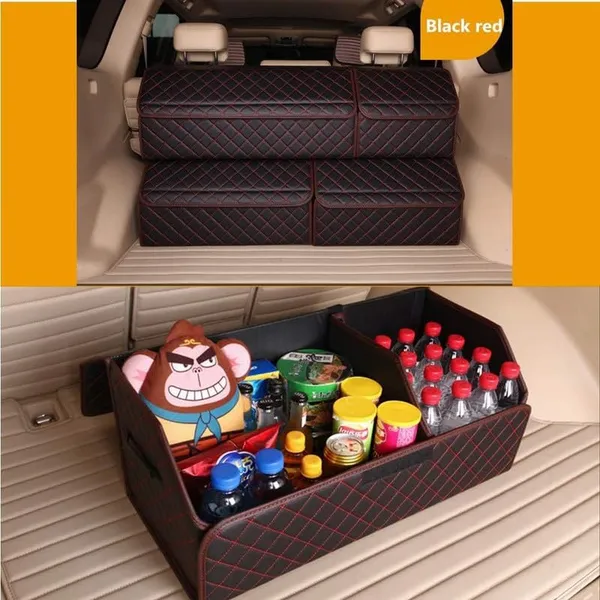 Premium_Foldable_Leather_Car_Trunk_Organizer,_Dual_Compartments,_High-Capacity_Cargo_Storage_Box,_Black_with_Red_Stitch
