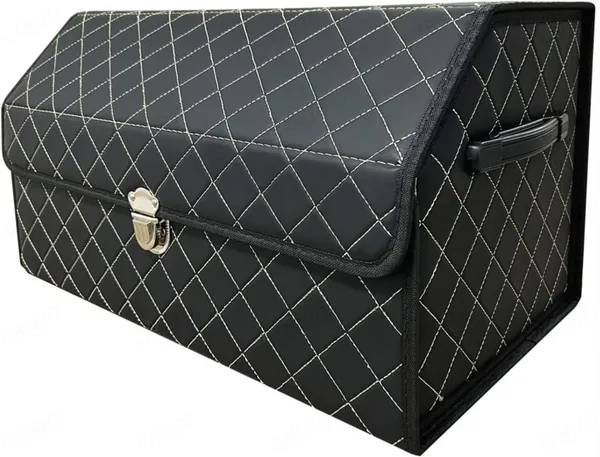 Premium_Foldable_Leather_Car_Trunk_Organizer,_Dual_Compartments,_High-Capacity_Cargo_Storage_Box,_Black_with_White_Stitch