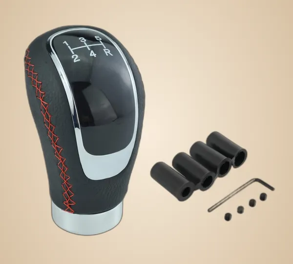 5_Speed_Manual_Gear_Shift_Knob,_Red_Stitched_Leather,_Chrome_Finish,_Includes_Installation_Kit