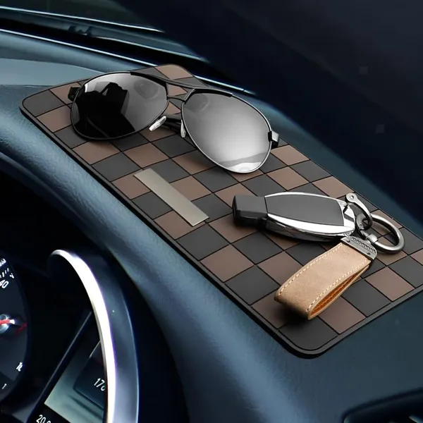 Sports_Non-Slip_Car_Dashboard_Mat_“_Adhesive-Free,_Heat-Resistant,_Grid_Pattern_In_Black_&_Brown_“_Interior_Protection_&_Decor