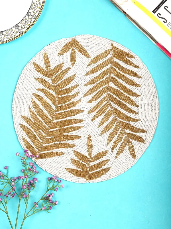 Firozi_Poleyster_Placemats,_Beaded_Design,14_Inch_Round_White_Golden_Leaf_Pattern,_Best_For_Bed-Side_Table/Center_Table,_Dining_Table/Shelves