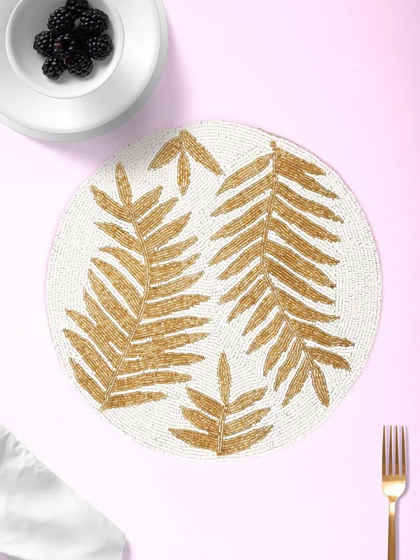 Firozi_Poleyster_Placemats,_Beaded_Design,14_Inch_Round_White_Golden_Leaf_Pattern,_Best_For_Bed-Side_Table/Center_Table,_Dining_Table/Shelves