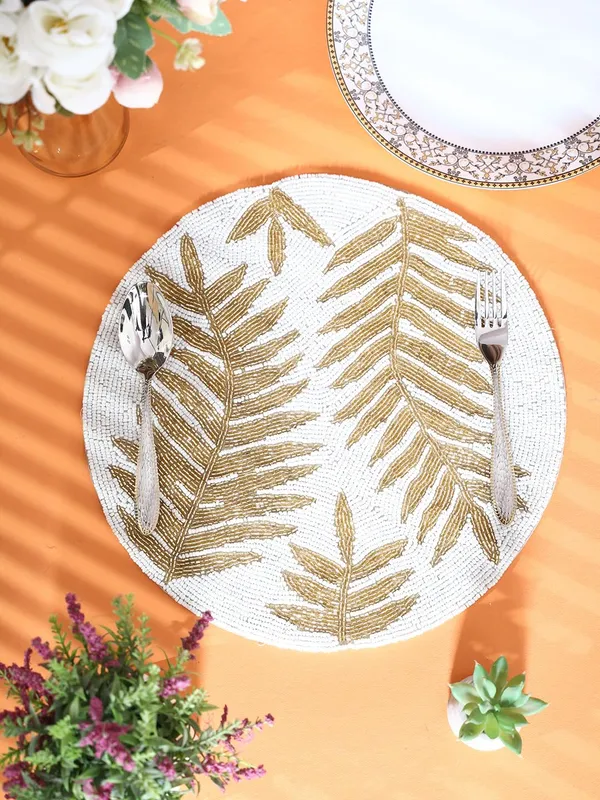 Firozi_Poleyster_Placemats,_Beaded_Design,14_Inch_Round_White_Golden_Leaf_Pattern,_Best_For_Bed-Side_Table/Center_Table,_Dining_Table/Shelves