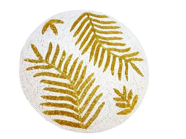 Firozi_Poleyster_Placemats,_Beaded_Design,14_Inch_Round_White_Golden_Leaf_Pattern,_Best_For_Bed-Side_Table/Center_Table,_Dining_Table/Shelves