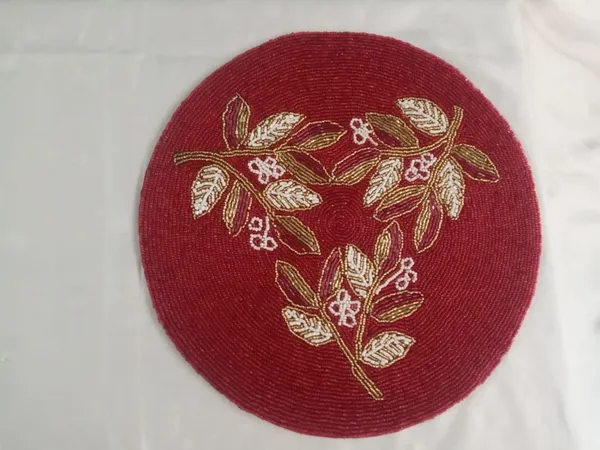 Firozi_Poleyster_Placemats,_Beaded_Design,14_Inch_Round_Red_Golden_Emb._Pattern,_Best_For_Bed-Side_Table/Center_Table,_Dining_Table/Shelves