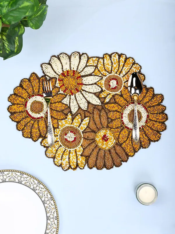 Firozi_Poleyster_Placemats,_Beaded_Design,14_Inch_Gulmohar_Floral_Pattern,_Best_For_Bed-Side_Table/Center_Table,_Dining_Table/Shelves_Pack_Of_2