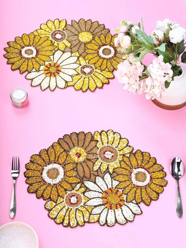 Firozi_Poleyster_Placemats,_Beaded_Design,14_Inch_Gulmohar_Floral_Pattern,_Best_For_Bed-Side_Table/Center_Table,_Dining_Table/Shelves_Pack_Of_2