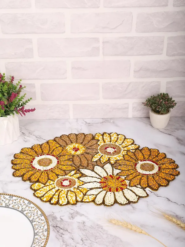 Firozi_Poleyster_Placemats,_Beaded_Design,14_Inch_Gulmohar_Floral_Pattern,_Best_For_Bed-Side_Table/Center_Table,_Dining_Table/Shelves_Pack_Of_2