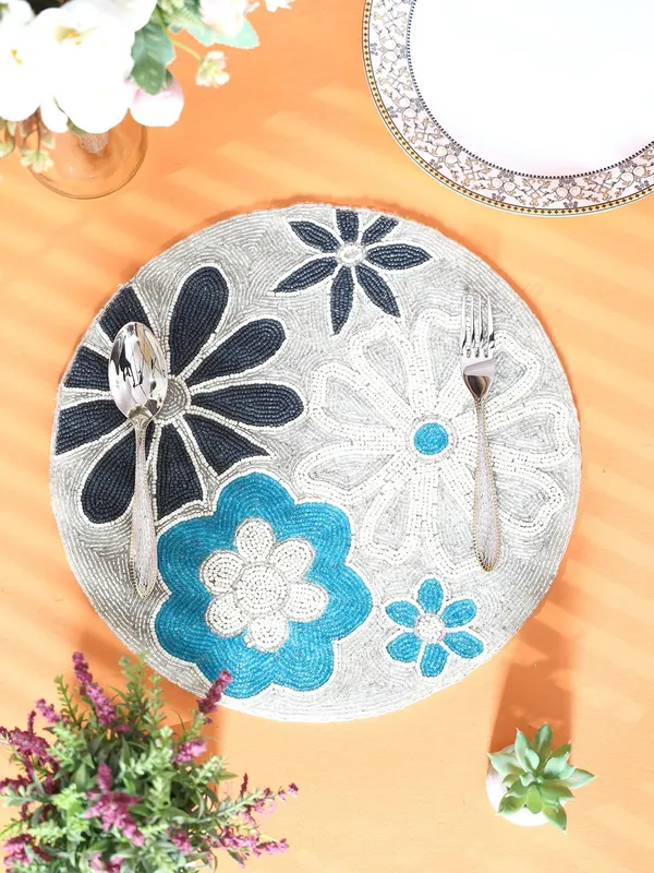 Firozi_Poleyster_Placemats,_Beaded_Design,14_Inchgolden_Leaf_Pattern,_Best_For_Bed-Side_Table/Center_Table,_Dining_Table/Shelves