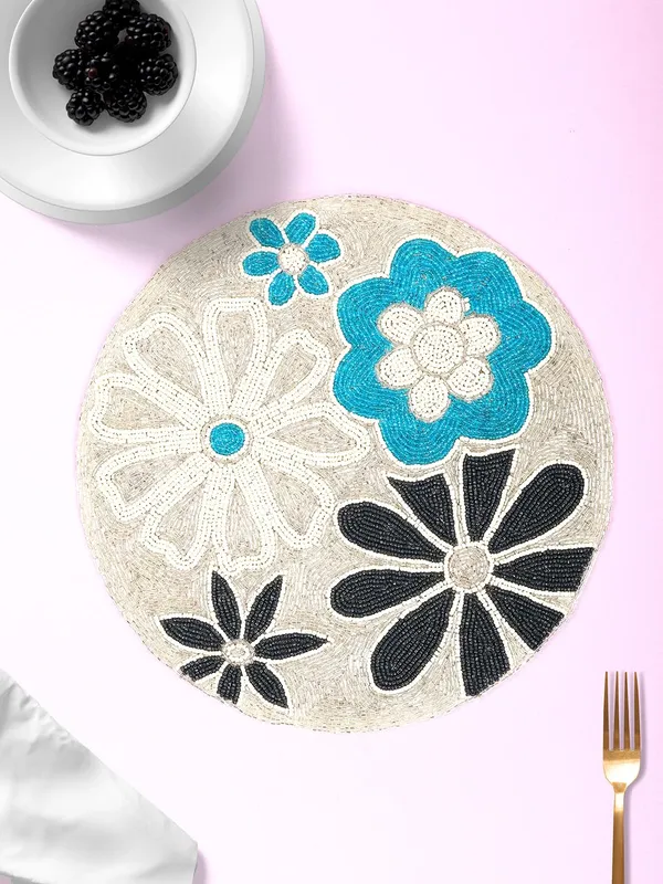 Firozi_Poleyster_Placemats,_Beaded_Design,14_Inchgolden_Leaf_Pattern,_Best_For_Bed-Side_Table/Center_Table,_Dining_Table/Shelves