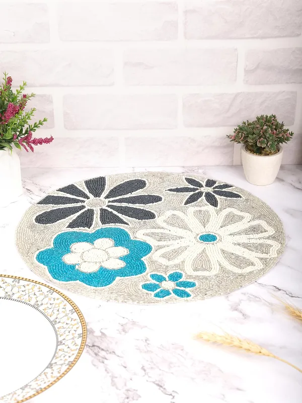 Firozi_Poleyster_Placemats,_Beaded_Design,14_Inchgolden_Leaf_Pattern,_Best_For_Bed-Side_Table/Center_Table,_Dining_Table/Shelves