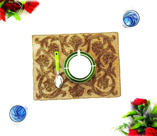 Firozi_Poleyster_Placemats,_Beaded_Design,14_Inch_Brown_Golden_Emb._Pattern,_Best_For_Bed-Side_Table/Center_Table,_Dining_Table/Shelves