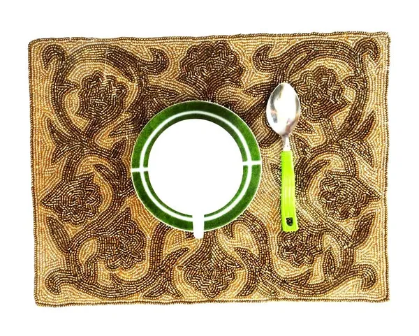 Firozi_Poleyster_Placemats,_Beaded_Design,14_Inch_Brown_Golden_Emb._Pattern,_Best_For_Bed-Side_Table/Center_Table,_Dining_Table/Shelves