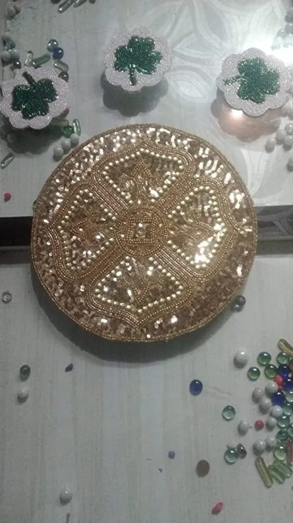 Firozi_Poleyster_Placemats,_Beaded_Design,14_Inch_Golden_Round_Pattern,_Best_For_Bed-Side_Table/Center_Table,_Dining_Table/Shelves