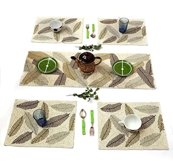 Multicolor_Best_Export_Quality_Jacquard_Beaded_Dining_Table_Mats_5_Pieces_With_Runner_-(Set_Of_5_,One_Runner_Nd_4_Placemats)_(Mats-_14"_X_12"_And_Table_Runner-_36"_X_13")